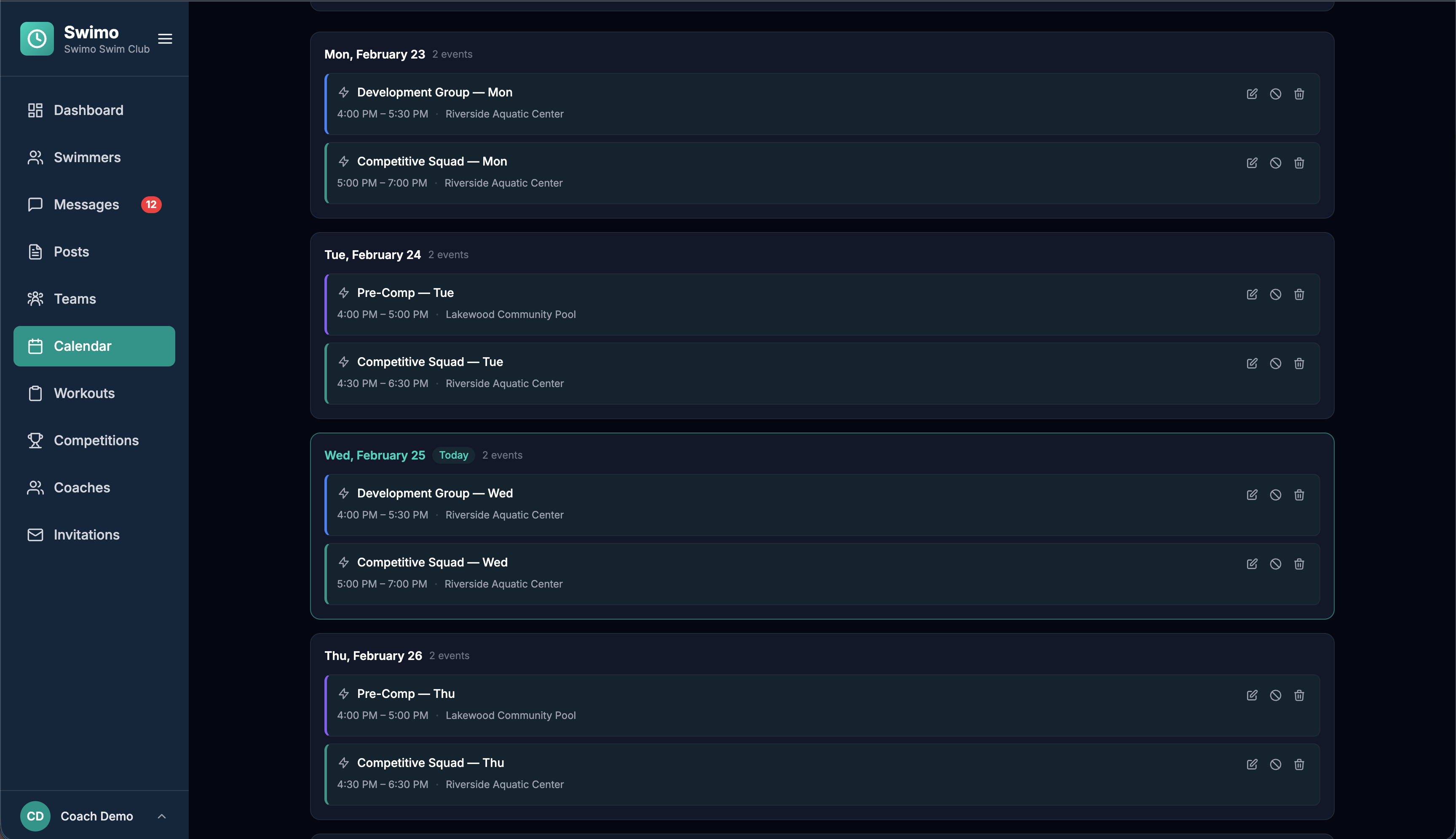 Calendar list view showing daily training events across teams