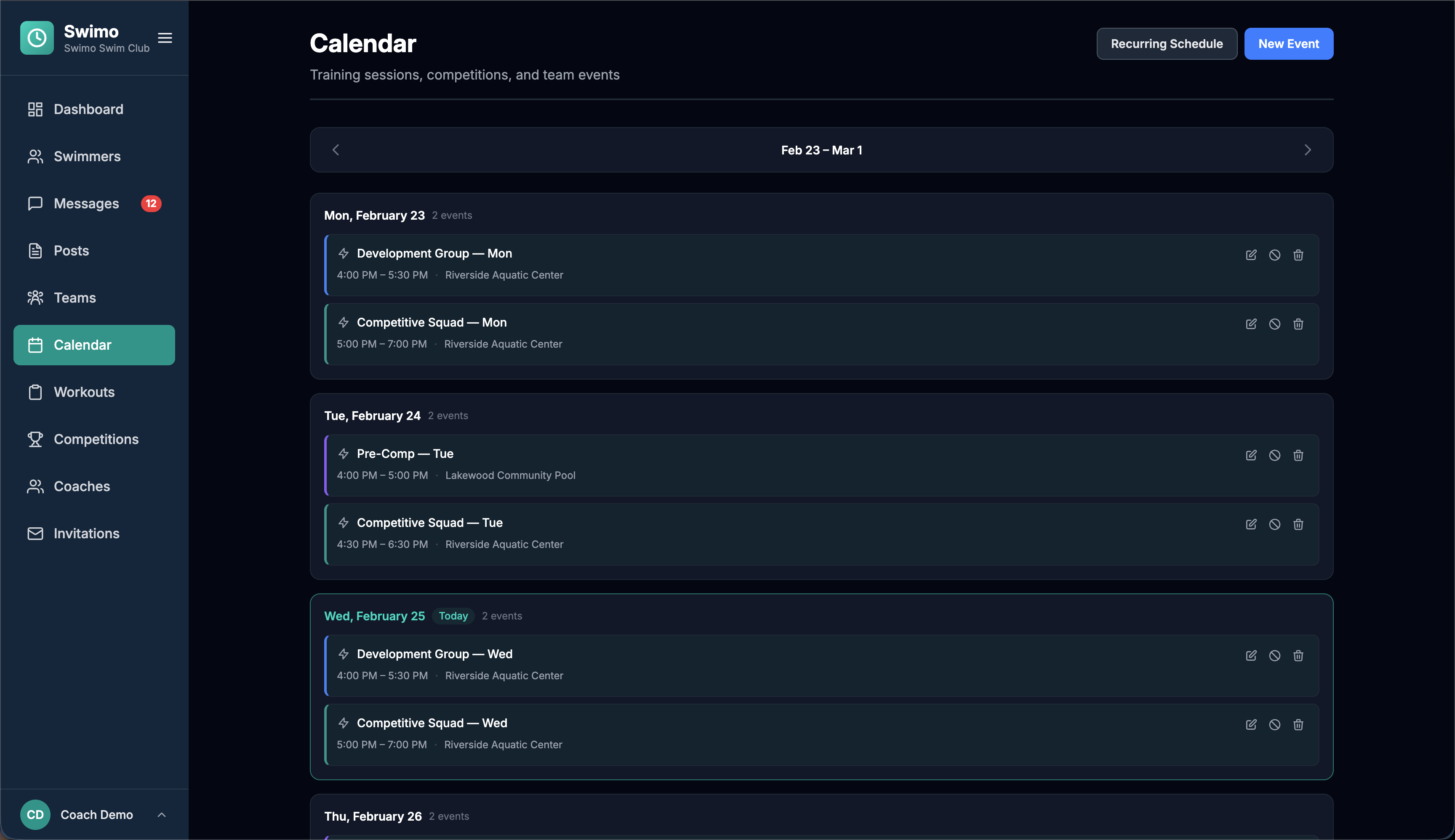 Calendar with weekly training sessions for multiple teams and venues