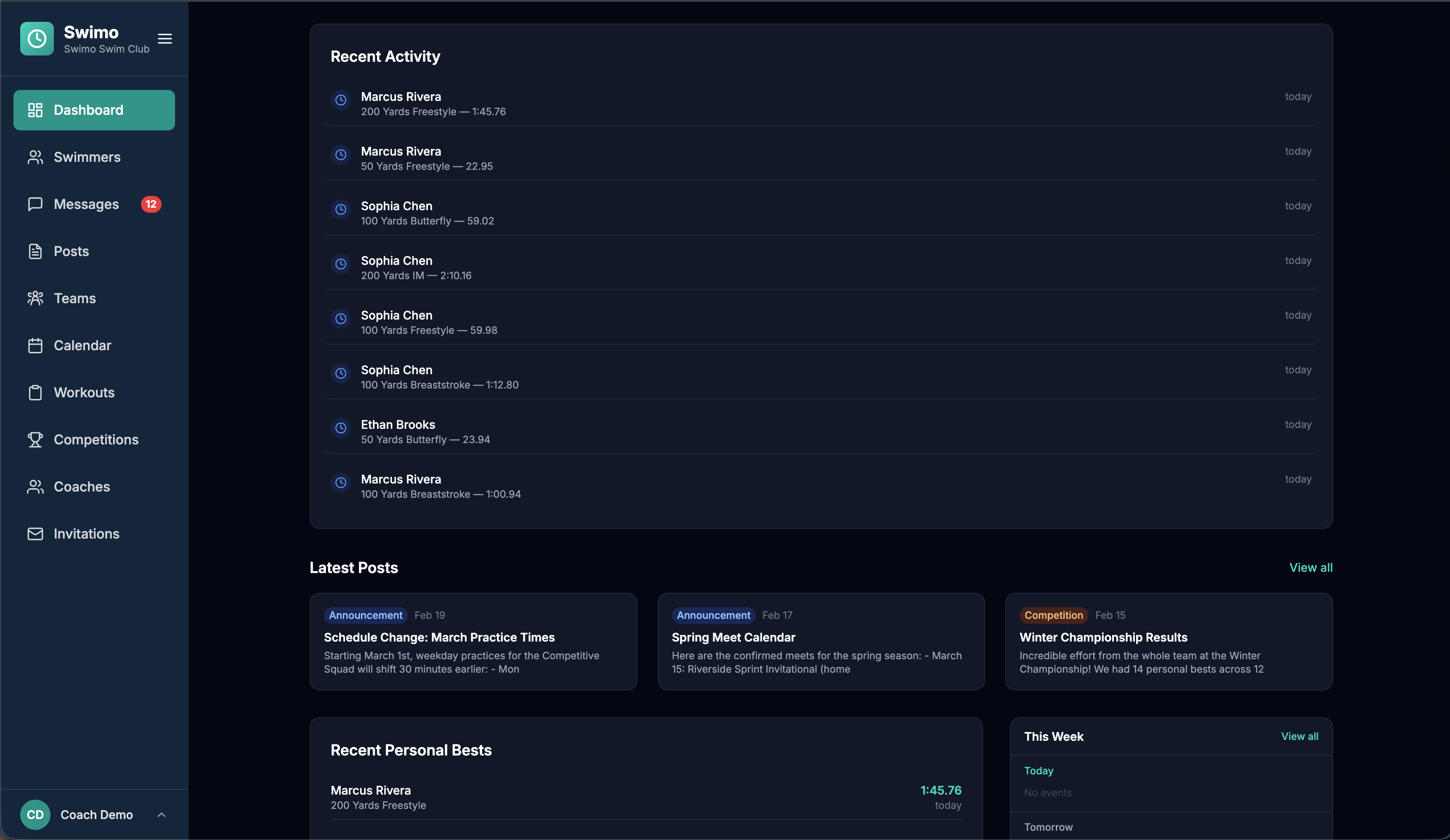 Swimo.fit coach dashboard with recent activity, posts, and personal bests