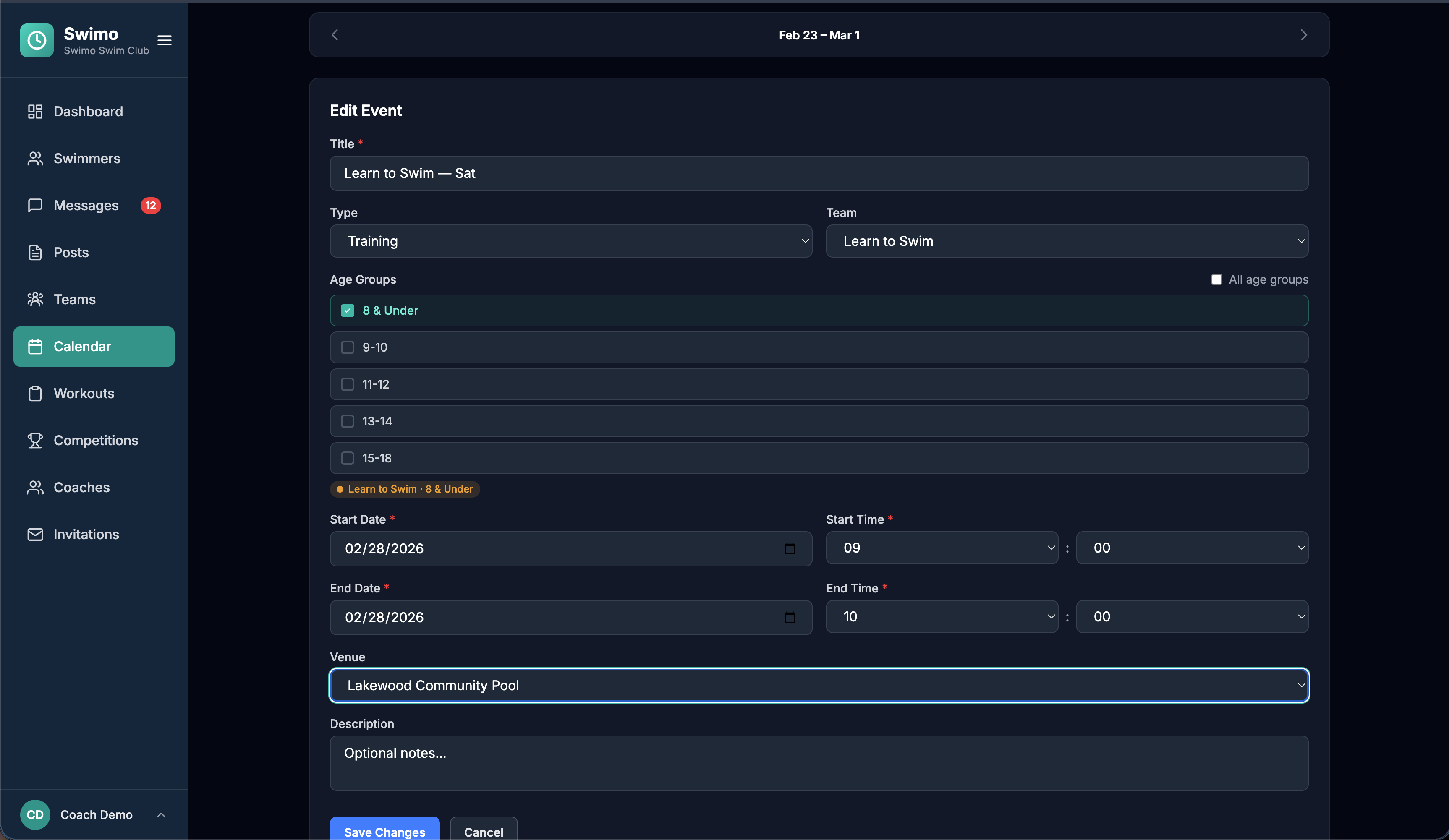 Calendar event editor with team, age group, venue, and time fields