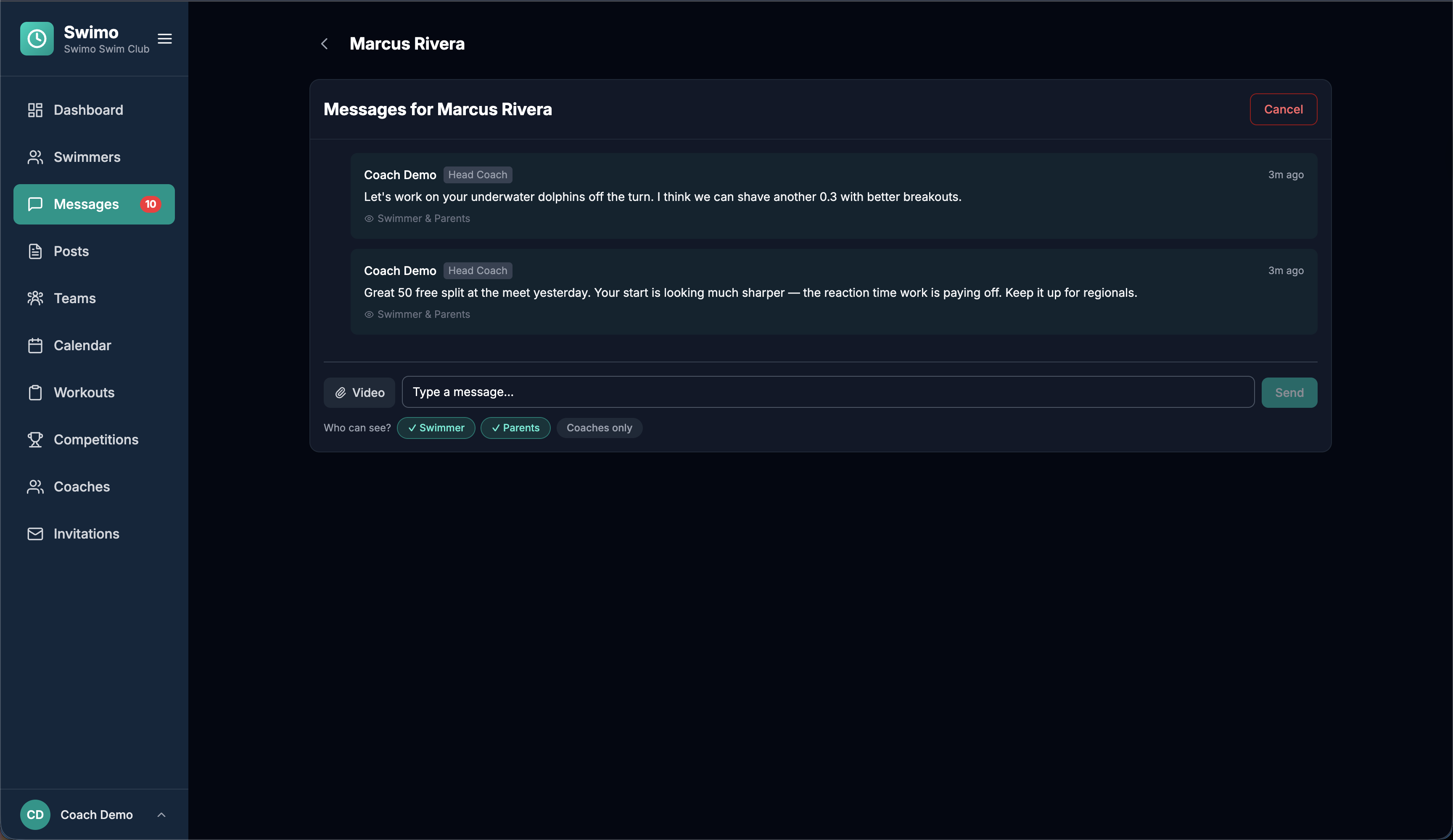 Coach messaging a swimmer with video feedback and audience controls