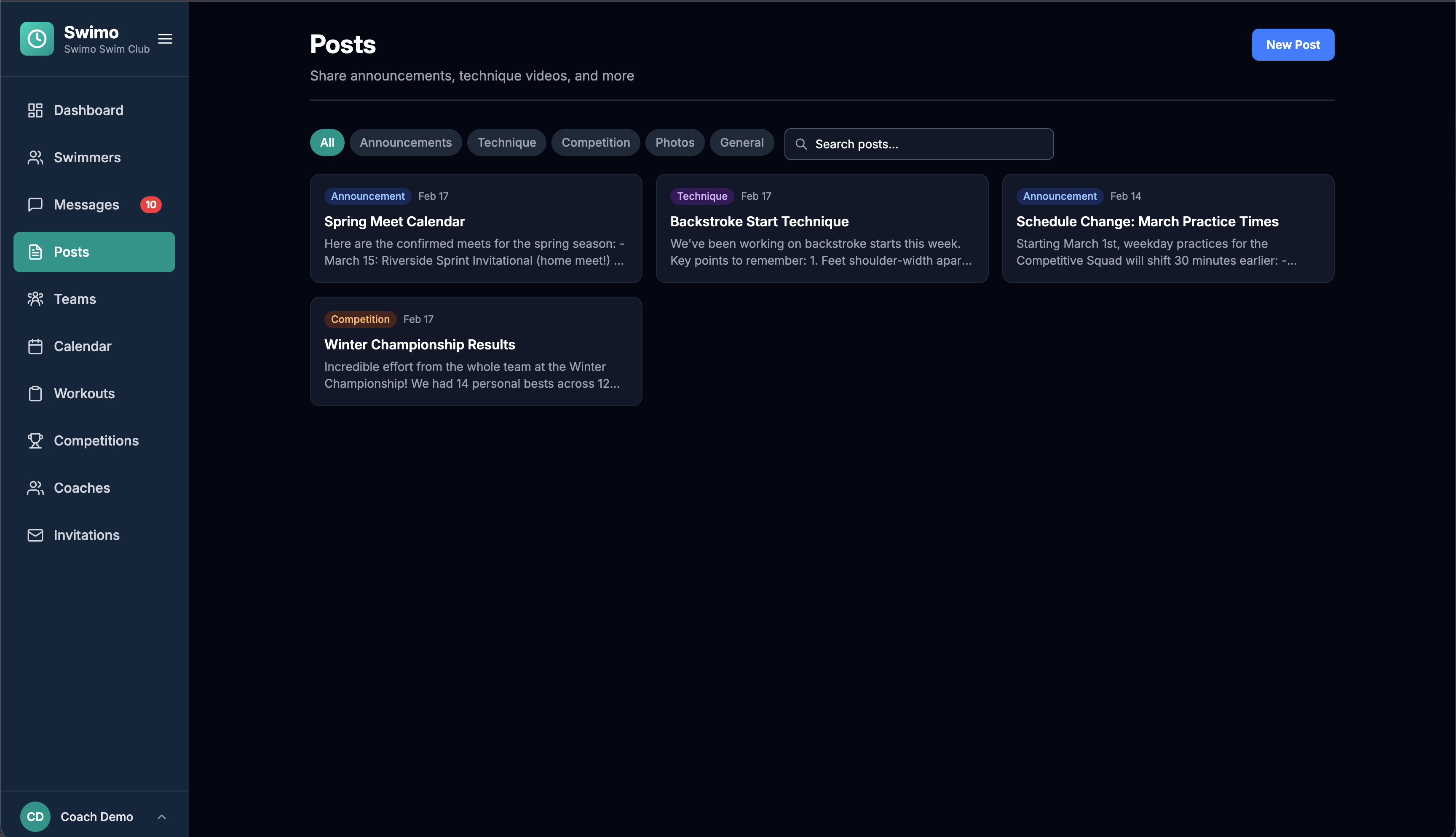 Posts board with announcements, technique tips, and competition updates